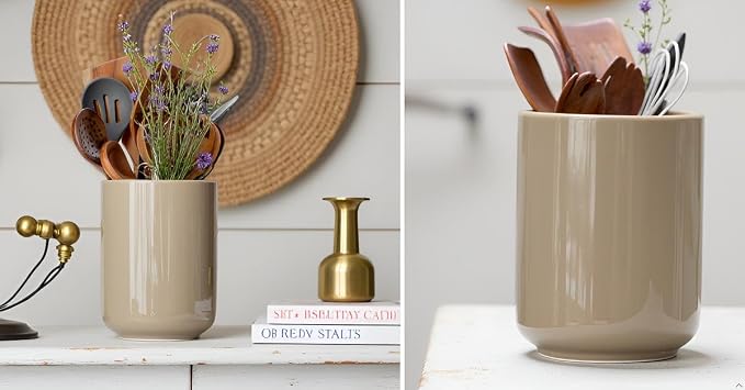 Utensil Holder,Ceramic Kitchen Utensil Holder for Countertop, Vintage Farmhouse Kitchen Decor for Counter, Gift（6.3 * 4.72inch）