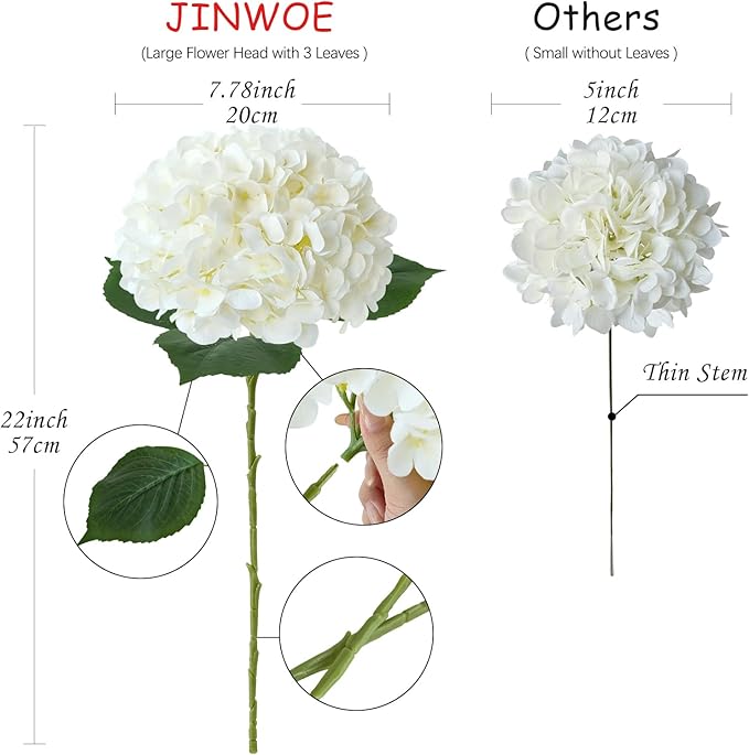 JINWOE White Hydrangea Artificial Flowers, 4Pcs 22" Large Lifelike Faux Silk Flowers, Full Fake Artificial Hydrangeas with Stems for Bouquet Table Centerpieces Home Outdoor