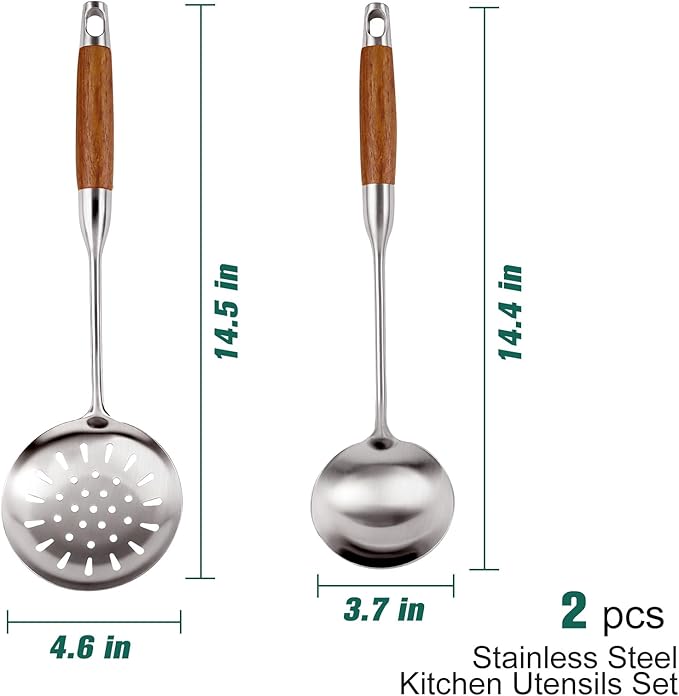 2PCS Soup Ladle Stainless Steel and Slotted Spoon Set, 304 Wok Utensils Set with Wooden Handle, Metal Strainer Spoon for Cast Iron/Carbon Steel Wok