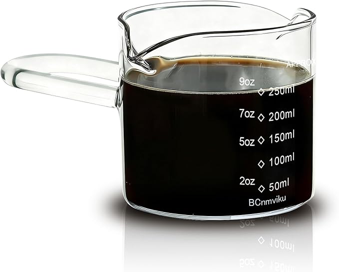 BCnmviku 250ML/8.5OZ Espresso Glass Measuring Cup Triple Pitcher Milk Cup Espresso Cups with U-shape Handle Espresso Shot Glass with V-Shaped Mouth Clear Accessories Milk Frothing Pitcher (1)