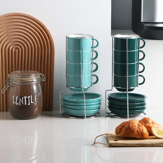 Sweejar Porcelain Espresso Cups with Saucers, 4 Ounce Stackable Cappuccino Cups with Metal Stand for Coffee Drinks, Latte, Tea - Set of 4 (Turquoise)