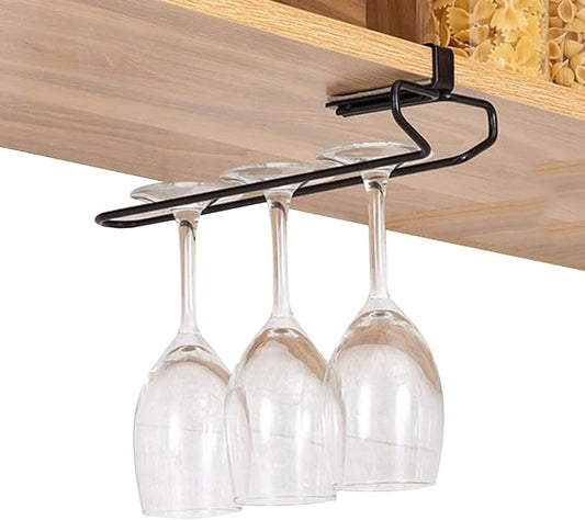 Double Row Under Cabinet Wine Glass Holder, Hanging Wire Stemware Rack Holder, Wine Glasses Storage Hanger, For Bar Kitchen Storage Organizer Metal (black White) (Color : Black, Size : Single row)