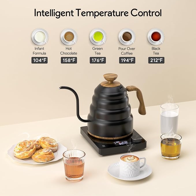 Electric Gooseneck Kettle, 30oz/0.9L Intelligent Temperature Control, Quick Heating, 304 Stainless Steel for Pour Over Coffee, Brew Tea, Boil Hot Water, 1000W （Black）