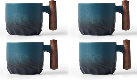 2.5oz Ceramic Espresso Cups with Wooden Handle, Chinese KungFu Tea Cup, Coffee Cups Set of 4 (Blue)