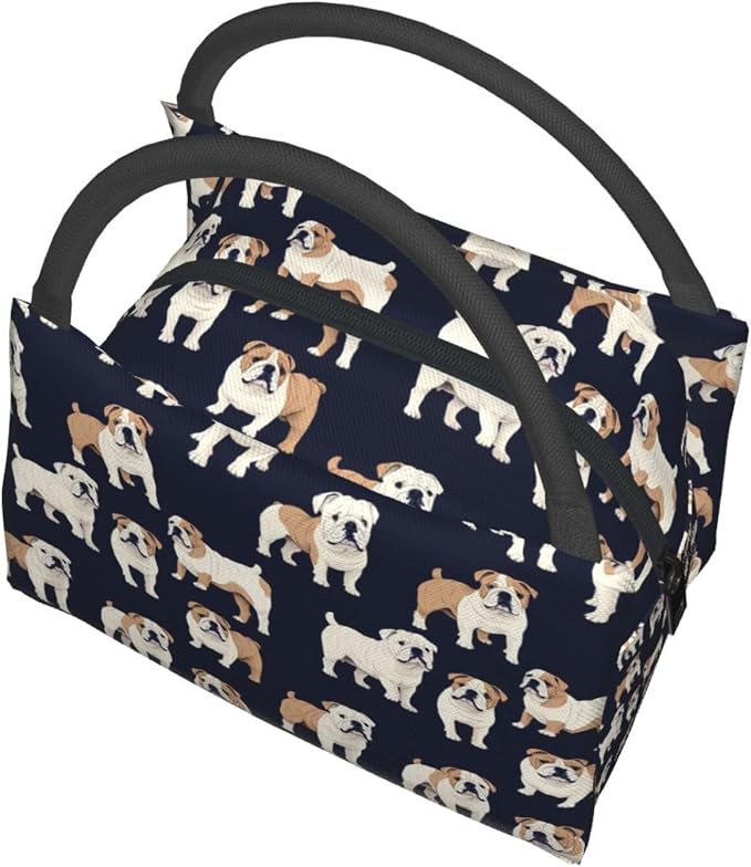 English Bulldog Insulated Lunch Box for Kids Adults Pet Lovers,Reusable Tote Bag with Cute Dog and Dark Blue,Portable Lunchbox Handbag,Makeup Bags Organizer Gifts for Work Office,11x6.3x6.7in