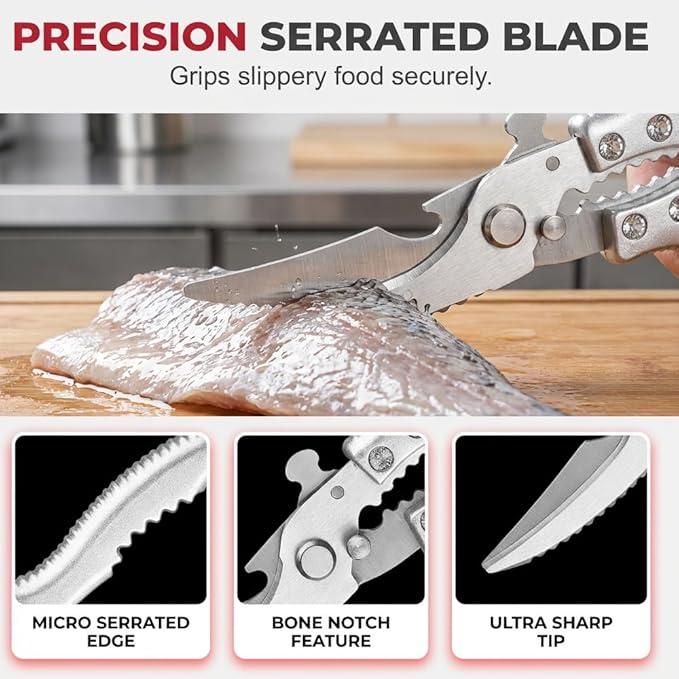 Heavy Duty Poultry Shears, Stainless Steel Kitchen Scissors, Multi-Purpose Kitchen Shears for Bone, Meat, Chicken, Fish, Turkey, Vegetables, Dishwasher Safe (Siliver)