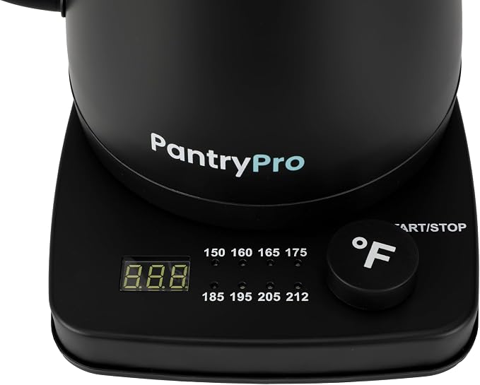 PantryPro Gooseneck Electric Kettle with Temperature Control, 34oz/1.0L Rapid Boil, Stainless Steel Interior, Auto Shut-Off, 1500W, Boil-Dry Protection, LED Indicator - Black
