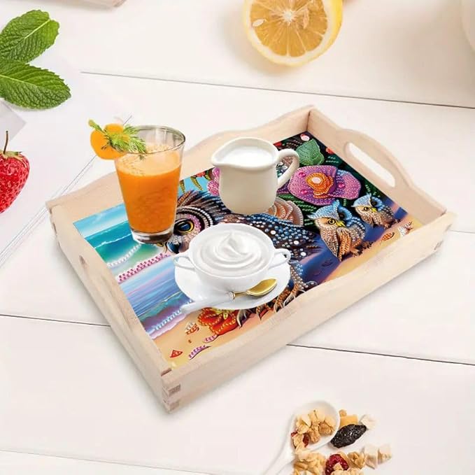 DIY Diamond Serving Tray Rectangular Breakfast Tray with Handle Handmade Diamond Art Painting Wooden Tray for Dinner Plate Coffee Room Living Home Organizer-Owl03