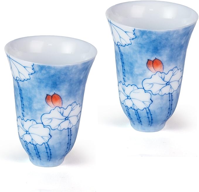 KAMMAK Ceramic Tea Cups Small, Cute Vintage Coffee Cup Set of 2, Porcelain Teacups Espresso Mug, 1.7oz Hand Painted Chinese Afternoon Tea Party Mugs, Birthday Gift for Women Men, Scented Lotus