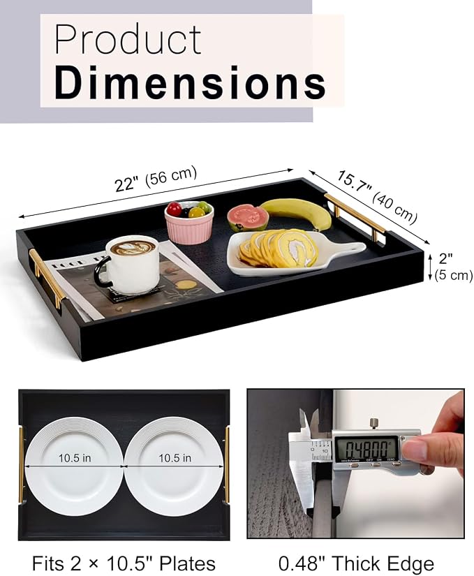 22 inches Black Wooden Ottoman Serving Tray with Golden Metal Handles | Large Rectangular Decorative Wood Tray for Living Room Kitchen Coffee Table Couch Bed