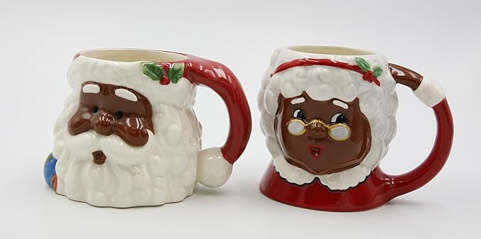 Fine Ceramic Christmas Holidays African American Mr. & Mrs. Santa Claus Mug Set of 2 (2 Pieces Set), 5-3/4'' L, Red, White, Brown, 5.75'' * 4.25'' * 4'', 5.50'' * 4'' * 4.25''