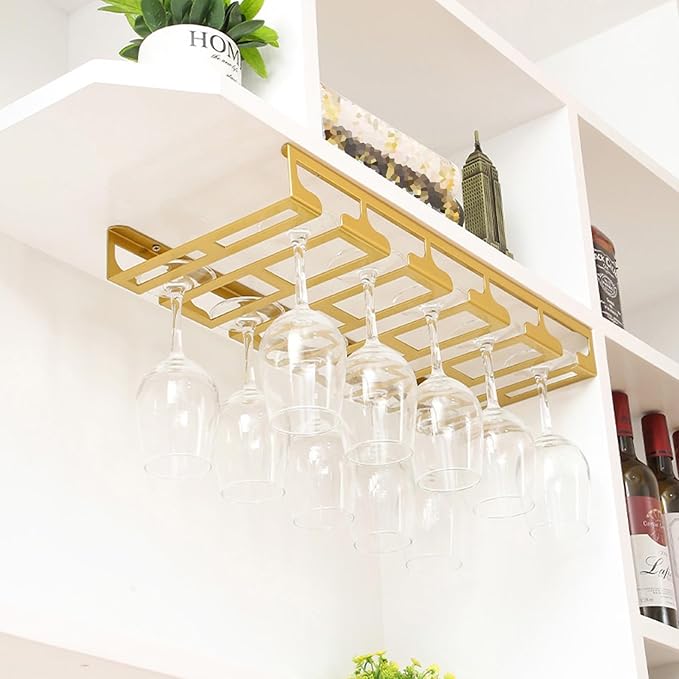 Wine Glass Holder Under Cabinet, Gold Metal Wine Glass Hanger, Hanging Stemware Rack with Screws for Bar Kitchen (Color : B, Size : 24inch/61cm)