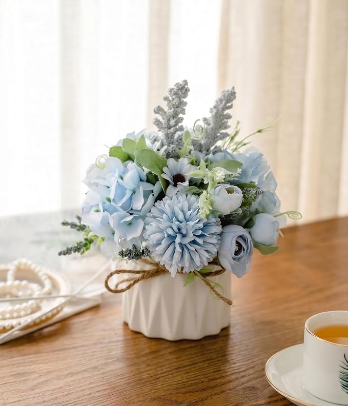 TKAS Artificial Faux Silk Fake Flowers Arrangement, Small Realistic Roses & Hydrangea in Ceramic Vase, Dining Table Centerpiece for Wedding Party Home Decoration (Blue)