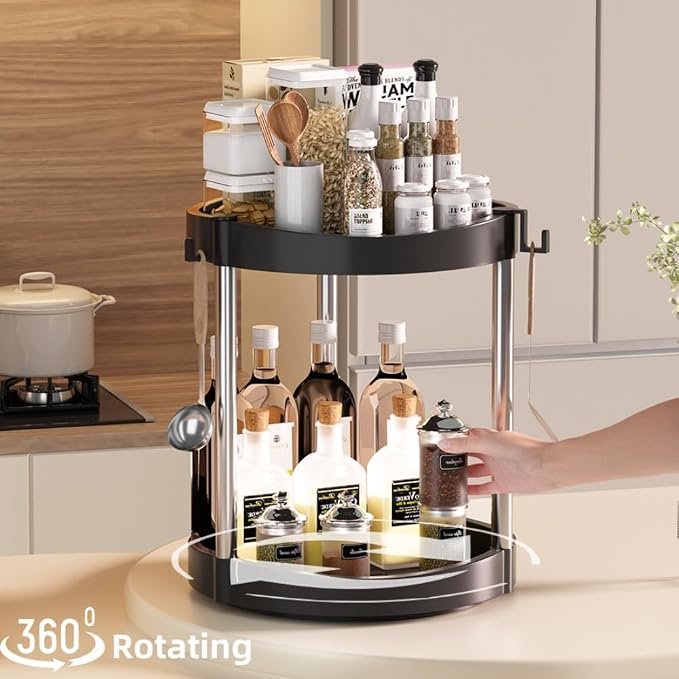 10.01" 2-Tier 360°Rotating Lazy Susan turntable Organizer Spice Rack Organization for Kitchen countertop and Cabinet pantry Organizers and storage(1Black, Extra Large)