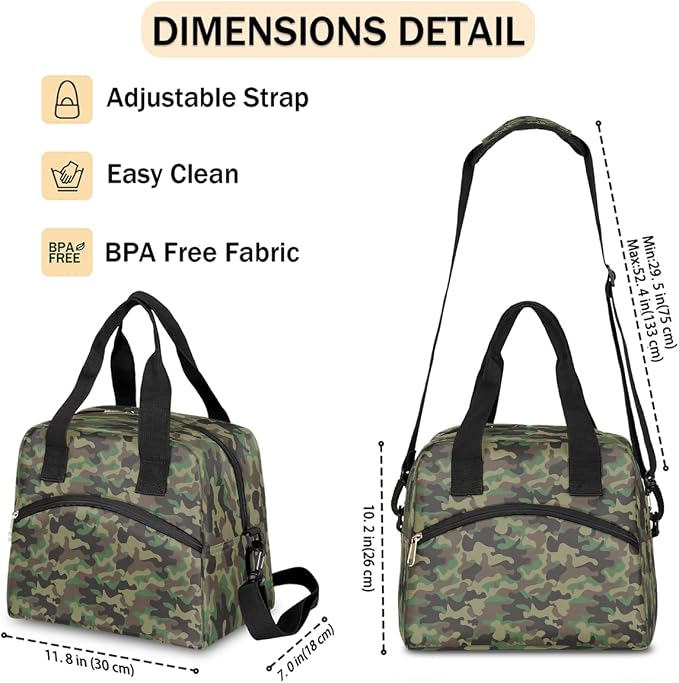 Pardick Army Camouflage Camo Insulated Lunch Bag for Women Girl Reusable Lunch Tote Box With Shoulder Strap Lightweight Thermal Cooler Meal Prep Bag for Work School Office Picnic