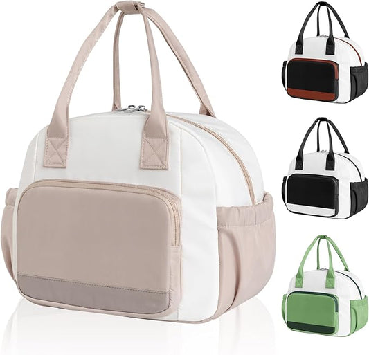 Stylish Color-blocked Lunch Bag for Women, Leakproof Lunch Box for Adult Girls, Large Capacity Reusable Lunch Box for Work Picnic Travel(Khaki with Off White)