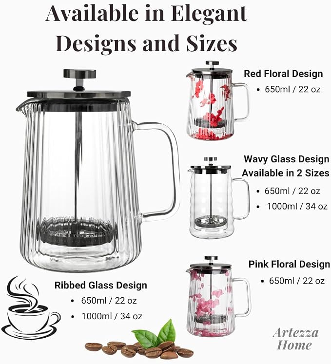 French Press Coffee Maker – Double-Wall Borosilicate Glass | Ribbed Manual Brewer with Stainless Steel Mesh Filter for Hot & Cold Coffee or Tea (34oz /1000ml)