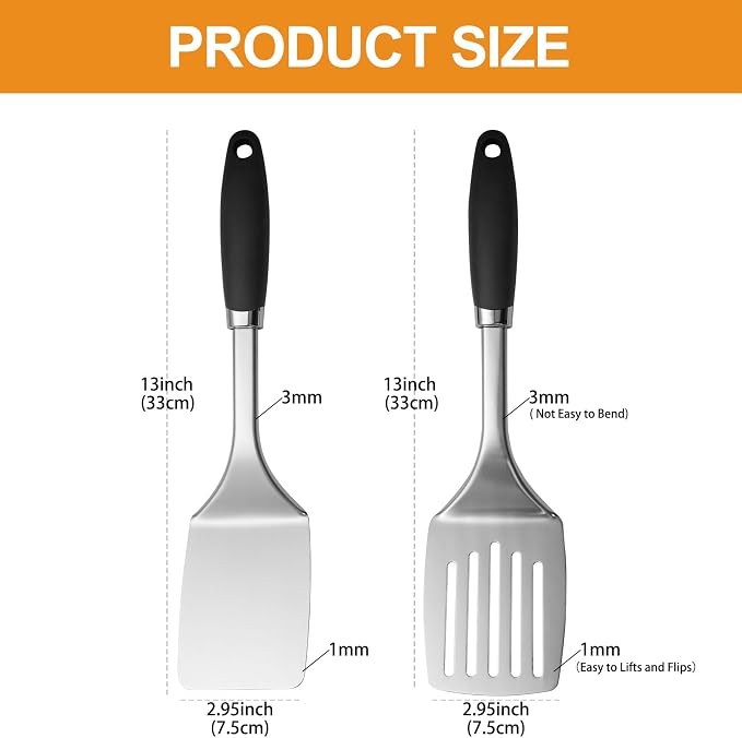 Stainless Steel Spatulas Set, 2 Pack Solid & Slotted Turner Spatulas, Metal Spatula Set for Cast Iron, Griddle, Eggs, Burgers and Pancakes