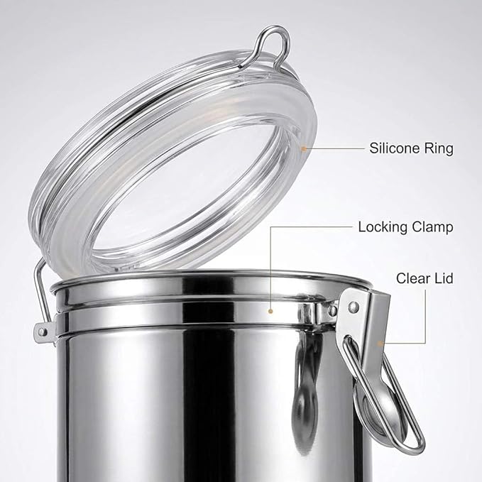 QWORK 4 Pack Stainless Steel Kitchen Storage Canister, Airtight Flour Clamp Canister, 26oz, 36oz, 47oz, 62oz