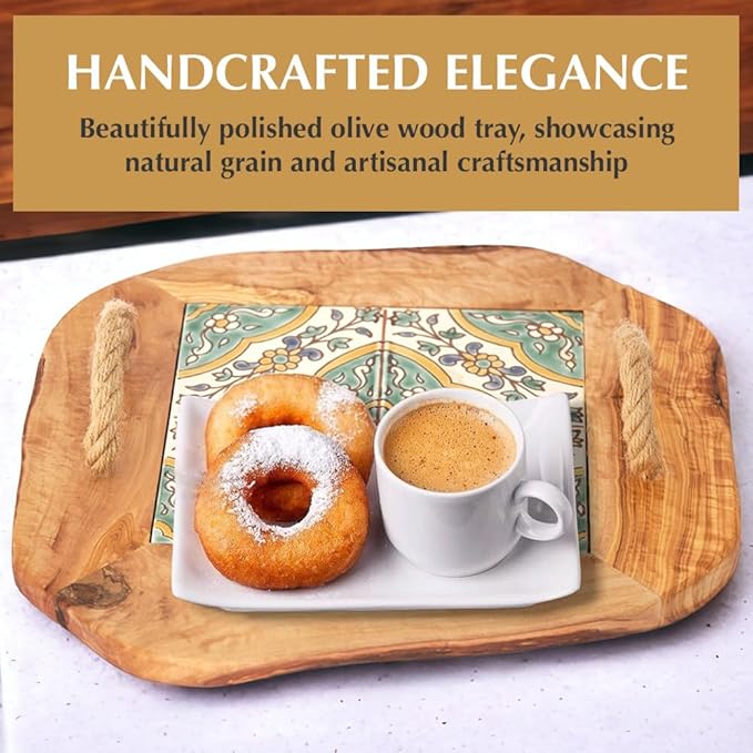 Kamsah Olive Wood Serving Tray with Handles (L:10”, W:10”) Decorative Square Serving Trays for Serving Food, Drinks, Tea, Coffee - Rustic Vintage Wooden Serving Tray for Table & Gifts - Arabesque