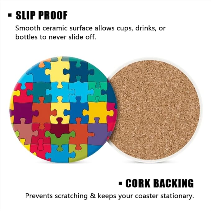 Ceramic Stone Coasters for Drinks Cup, Colorful Puzzle Background Absorbent Anti Slip Cup Coasters with Cork Base for Kitchen Living Room Office Decor Housewarming Gift Set of 1 (4 * 4 Inch)