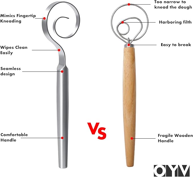 OYV 12-Inch Seamless Dough Whisk, 18/10 Stainless Steel Bread Whisk, Danish Whisk for Sourdough, Pizza, Cookies, Pancake & Waffle, Easy to Clean Sour Dough Tools