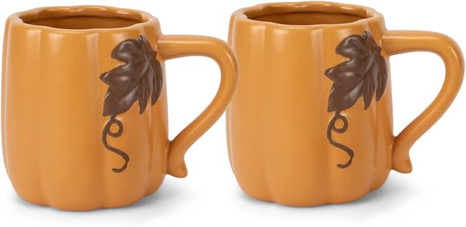 Nat & Jules Pumpkin Shaped 12 ounce Ceramic Coffee Mugs: Perfect for Halloween, Thanksgiving and Fall Kitchen & Home Collections - Set of 2, Orange
