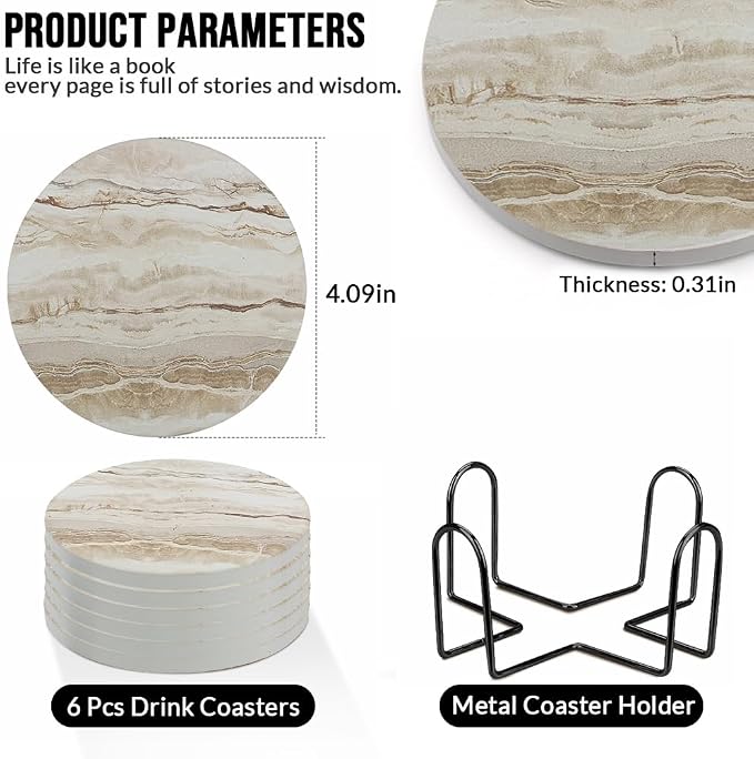 Ceramic Coasters Set of 8, Marble-Textured Design with Holder - Absorbent Cork-Backed Coasters for Cups, Bar & Coffee Table Decor Accessories (Khaki Marble, 8 Pack-Thin)