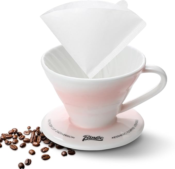 Bincoo Pour Over Coffee Maker & Dripper with Handle and Saucer, Origami-Style Ceramic Pour Over Coffee Filter, Reusable Porcelain Coffee Brewer Compatible with Standard Coffee Filter Papers（Pink）