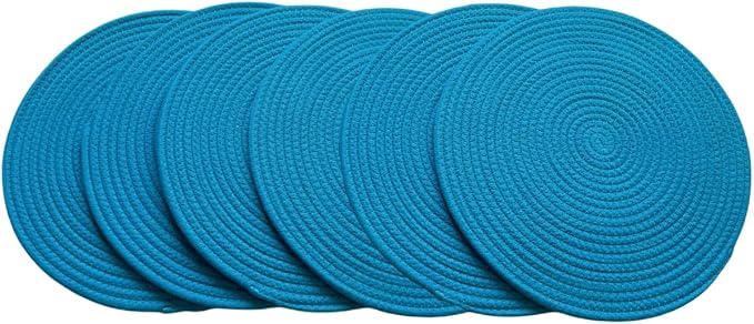 WAZAIGUR Round Placemats Washable Thick Cotton Absorbent 13 inch Round Table Mats for Kitchen Dining Table Set of 6 Round Woven Fabric Indoor/Outdoor Place Mats (Sky Blue, 6)