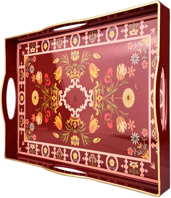 Boho Red Decorative Tray, Serving Tray with 4 Handles, Plastic Tray for Coffee Table, Ottoman - Ideal for Living Room & Bathroom. 15” x 11” x 1.9”