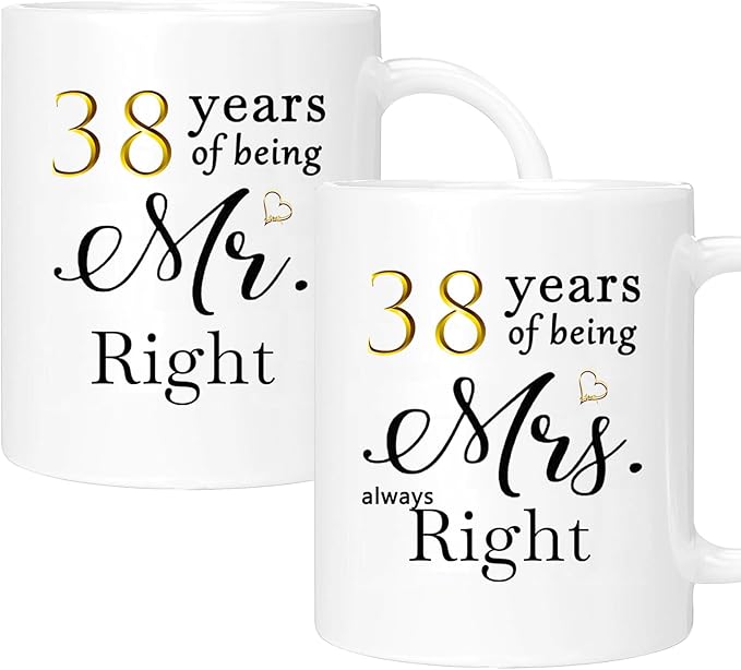 38th Anniversary Coffee Mugs Set of 2, 38 Year Anniversary Wedding Gifts Decorations for Couple Parents Grandparents Men Women Husband Wife Him Her, Gift Box Packaging, 11oz