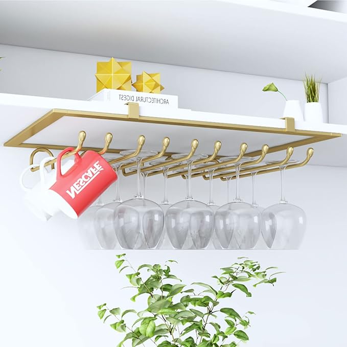 Stemware Holder Wine Champagne Glass Holder 5 Slots 15 Cups Stainless Steel Goblets Stemware Rack Holder Cabinet Hanging Storage Rack, Wine Glass Rack Under Cabinet (Color : Gold)