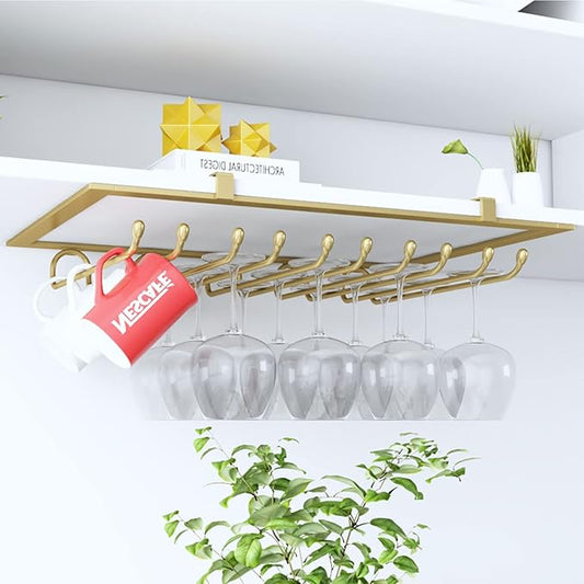 Stemware Holder Wine Champagne Glass Holder 5 Slots 15 Cups Stainless Steel Goblets Stemware Rack Holder Cabinet Hanging Storage Rack, Wine Glass Rack Under Cabinet (Color : Gold)