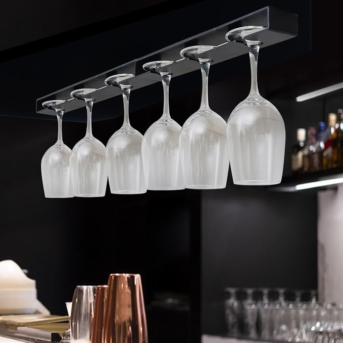 Wine Glass Holder, 2 Pack, No Drilling Required, Hanging Stemware Rack Organizer for Bar Cabinet Kitchen, Black