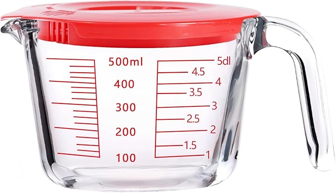 Glass Measuring Cups with Lids Set, Borosilicate Glass V-Shaped Spout Microwave Safe Scales Milk Cup for Cooking Baking (Red, 2CUP)