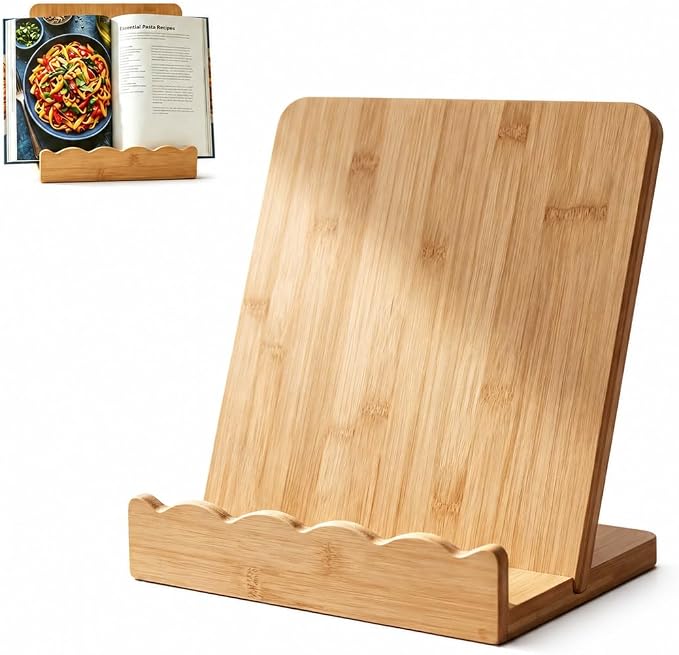 Bamboo Wood Cookbook Stand for Kitchen Counter, Detachable Serving Tray | 2-in-1 Recipe Stand & Serving Tray, Holds 11.8" Cookbooks & 3" Thick Books/Tablets, Bamboo Wood, Detachable for Easy Storage