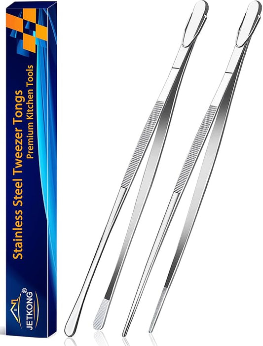 JETKONG 2 Pcs 14-Inch Food Tweezers Stainless Steel Tweezer Tongs Extra-Long Cooking Tweezers (Silver)