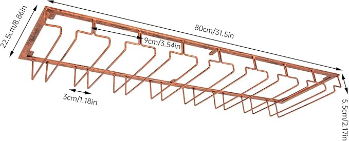 16 Wine Glasses Rack Holder Hanging Metal Storage Shelf Wall-Mounted Cup Holder Upside Down Hanging Under Cabinet Wine Glass Iron Holder Rack For Bar Kitchen (Bronze)