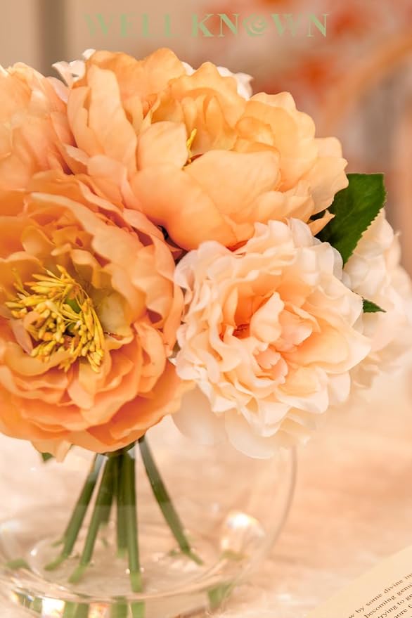 Artificial Flowers in Vase, Silk Peonies Flower Bouquet with Faux Water, Apricot & Champagne Fake Flower Arrangement for Spring Home Decor Wedding Party Dining Table Centerpiece & Mom's Birthday Gift