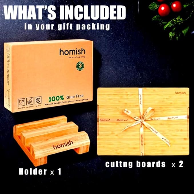 Bamboo Cutting Boards Set with Stand - 3 Piece Charcuterie Board with Handle, Truly Glue Free, Non Toxic Wood Chopping Serving Boards for Kitchen Gift Set - Dishwasher Safe [New 2026 Upgrade]