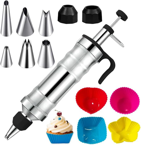 Dessert Decorating Syringe Set with 8 Silicone Cupcake Liners,Frosting Piping Nozzles Kit with 6Piping Tips,Stainless Steels frosting filling injector for Cookie,Cupcake Filler Tool,Dessert decorating