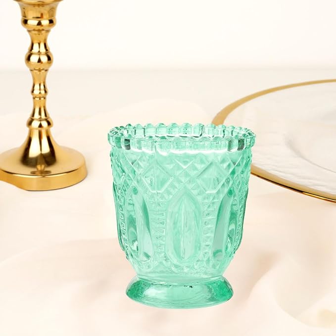 Koyal Wholesale Vintage Glass Candle Holder - Mint Green Tea Light Candle Holders - Mint Green Party Decor, Kitchen Decor, Weddings & Birthdays Easter Decorations for Table - 3 X 2.75 (Pack of 6)