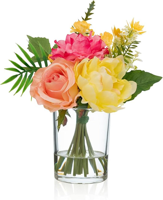 WELL KNOWN Artificial Flowers in Glass Vase, Spring Flowers Silk Rose Peony Bouquet for Home Dining Table, Office, Hotel, Wedding, Party, Lavatory Decor & Birthday Gift (Hot Pink, Coral & Yellow)
