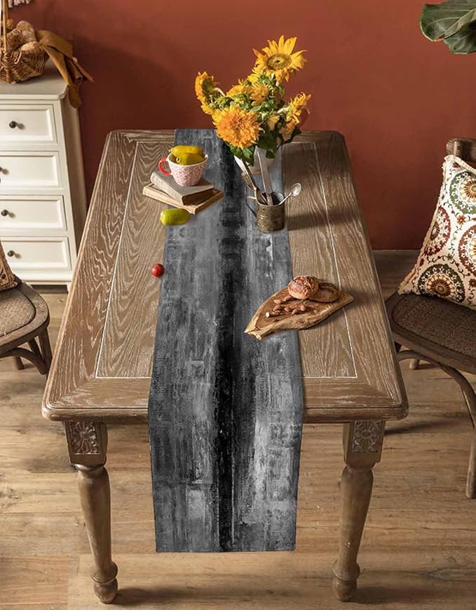 Vintage Black Table Runner - 90 Inch Long, Oil Modern Paintings Abstract Kitchen Dining Table Runner Dresser Scarves, Geometric Artwork Grey Black Tablerunner for Coffee Table Wedding Party, 13x90 in