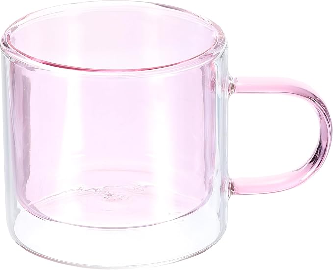uxcell 8.4 oz Double Wall Glass Coffee Mugs, Glass Tea Cup with Widened Handles for Espresso Coffee, Cappuccino, Tea Bag, Latte, Hot Cold Beverages, Juice, Pink
