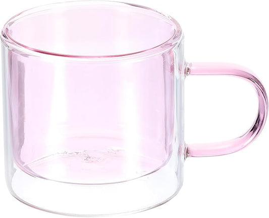 uxcell 8.4 oz Double Wall Glass Coffee Mugs, Glass Tea Cup with Widened Handles for Espresso Coffee, Cappuccino, Tea Bag, Latte, Hot Cold Beverages, Juice, Pink