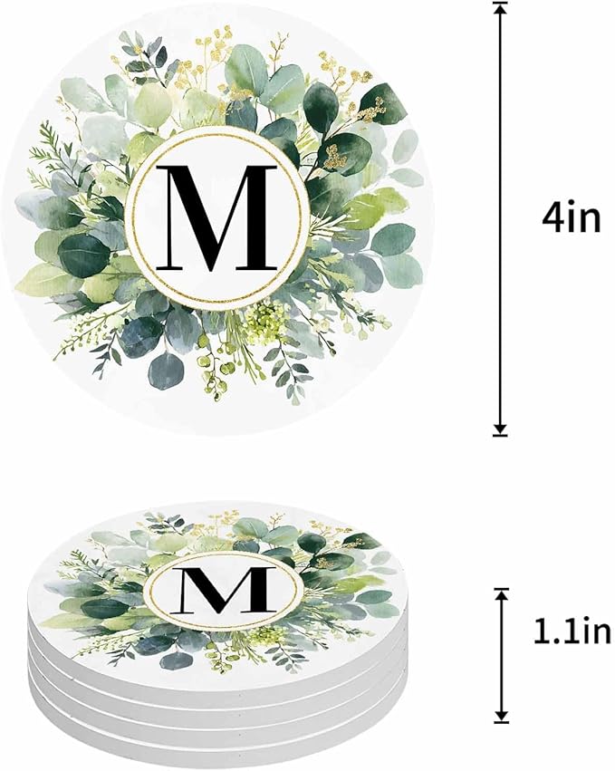 Coasters Set of 4 Letter M Drink Coasters with Holder Absorbent Stone Ceramic Cup Mat Alphabet Green Eucalyptus Leaves Coaster for Drinks Coffee Bar Office Kitchen Cafe Home Decor