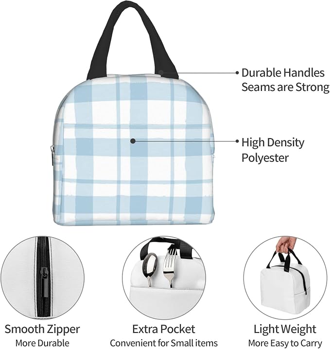 Lunch Bag Plaid Blue Check Insulated Lunch Box Cooler Tote for Adults Kid Girl Women Work Office School Picnic Beach Reusable Lunchbox Over 3 Years Old