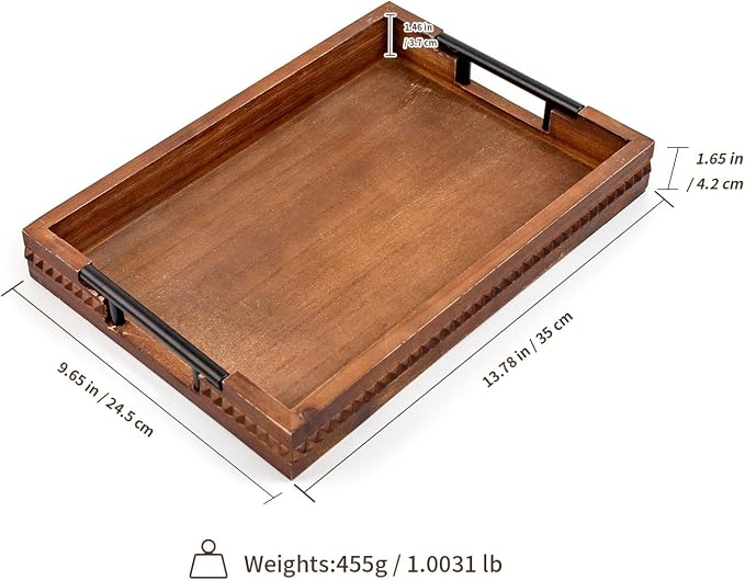 Wooden Serving Trays with Metal Handles Vintage Ottoman Tray 15 X 11 Wooden Retro Decorative Trays with Geometric Beads for Coffee Table & Home Decor (1 Pack)